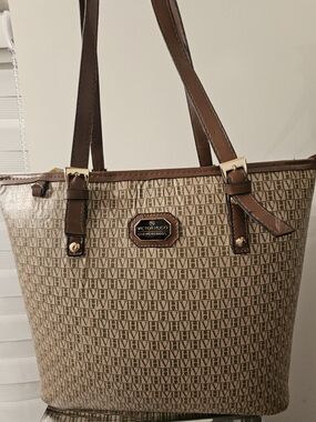 Victor Hugo Tan Monogram Tote with Brown Trim